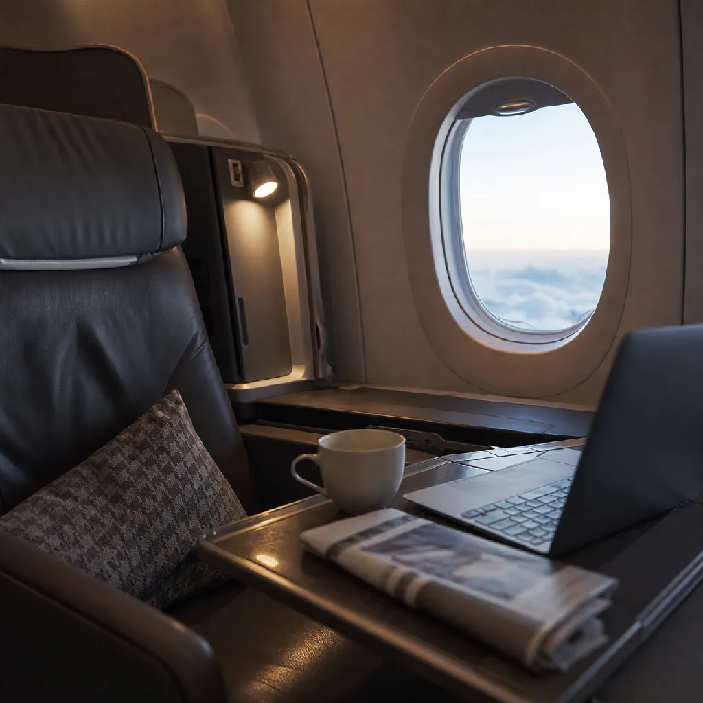 A calm business-class cabin interior at dawn — a laptop, coffee and a folded newspaper on a tray table beside a window over the clouds.