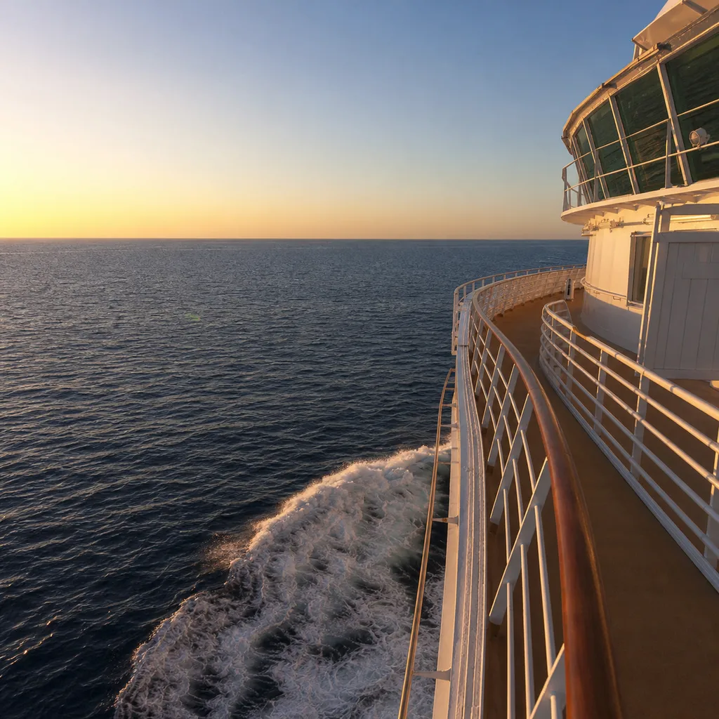 The curved bow of a cruise ship cutting through calm open sea at golden hour, white superstructure catching low warm sunlight.