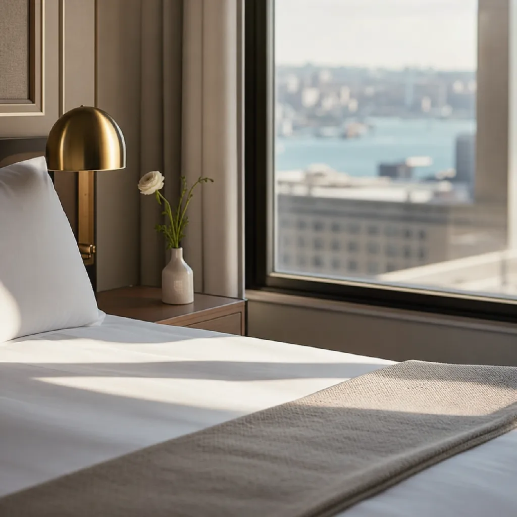 A serene hotel room detail — crisp white linens, a bedside lamp and morning light falling across a window with a city view beyond.