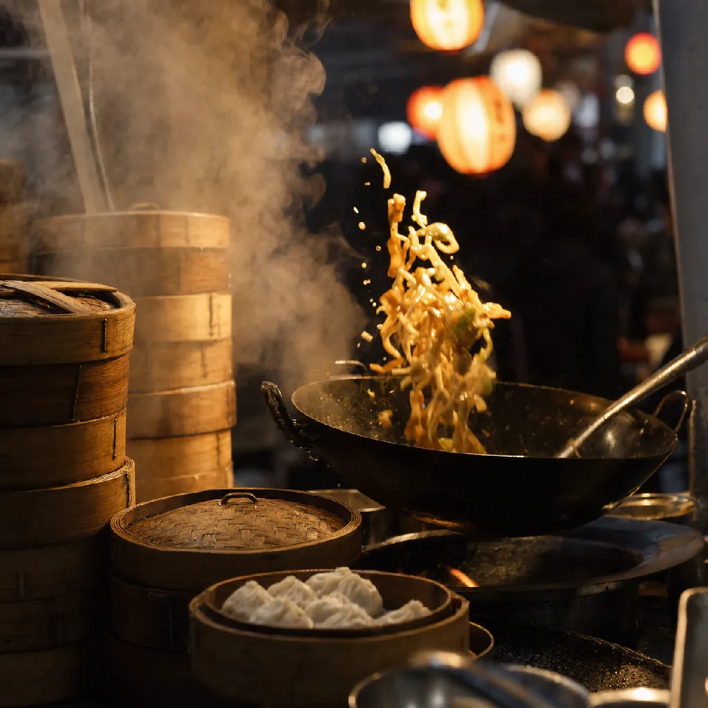 Close-up of a bustling night-market food stall — steam rising from bamboo baskets, hanging lanterns casting warm light on a wok in motion.