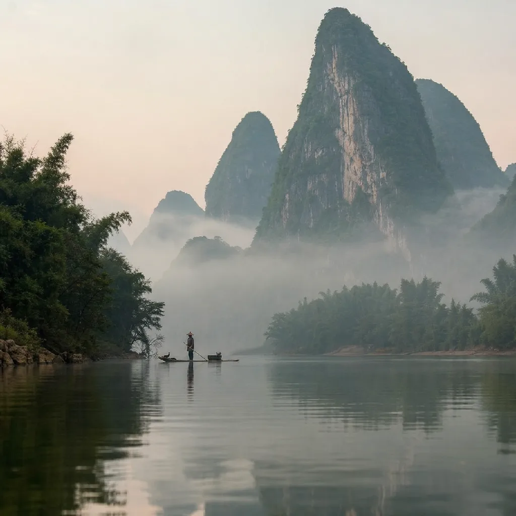Mist rising between the karst peaks along the Li River in Guilin, a bamboo raft drifting on still water at dawn.