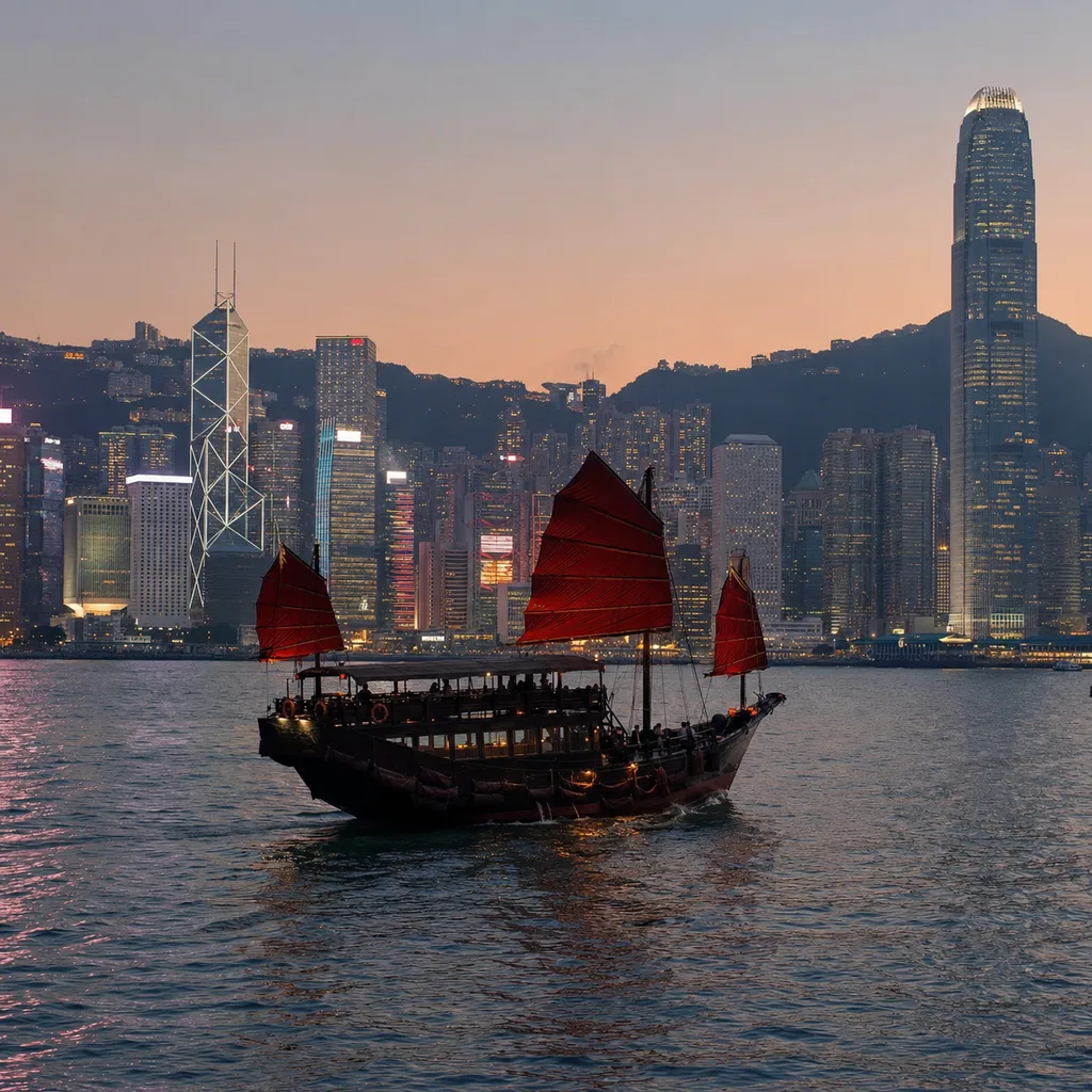 Traditional wooden junk sailing across Victoria Harbour beneath the illuminated Hong Kong skyline at blue hour.