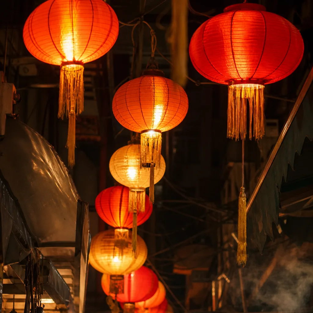 Rows of glowing red paper lanterns strung above a night market lane, warm light catching hanging silk and steam.